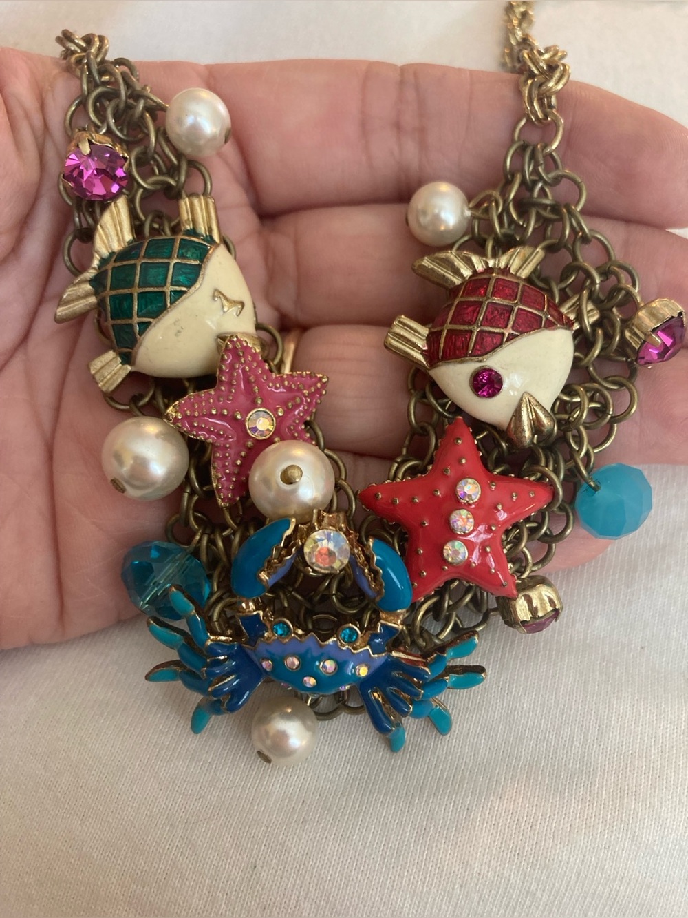 Betsey Johnson Signed Vintage Ocean Beach Necklace Fish Crab Starfish Vacation
